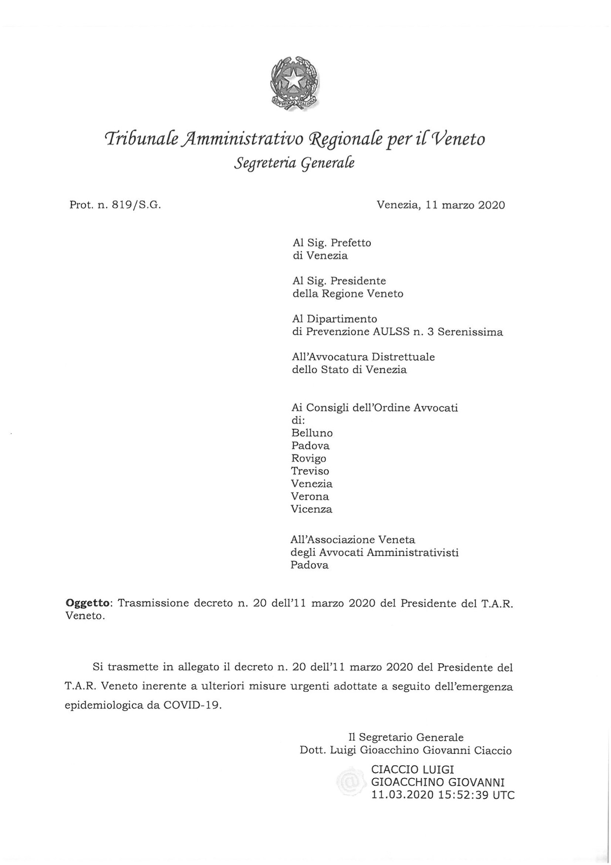 Decreto n. 20 11.03.2020 del Presidente TAR Veneto